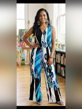 Sleeveless Blue Floral Print Wide-Leg Jumpsuit 17 inch p2p 58 inch long
